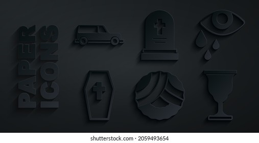 Set Memorial wreath, Tear cry eye, Coffin with cross, Christian chalice, Grave tombstone and Hearse car icon. Vector