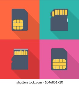 Set of memory and sim cards icons with long shadow isolated on colorful background. Simple Memory and sim cards  in flat style. Vector sign symbol