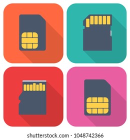 Set of memory and sim cards icons with long shadow isolated on colorful background. Simple Memory and sim cards  in flat style. Vector sign symbol