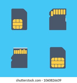Set of memory and sim cards icons with long shadow isolated on blue background. Simple Memory and sim cards sign symbols in flat style.