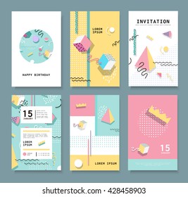 Set Memphis Cards For Congratulations. Hipster Poster, Juicy, Bright Color Background. Invitation To A Party.