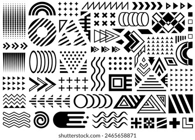 Set of Memphis design elements in black color, Memphis geometric simple isolated graphic elements collection for your design projects. isolated triangles, waves, dots, squares on white background.