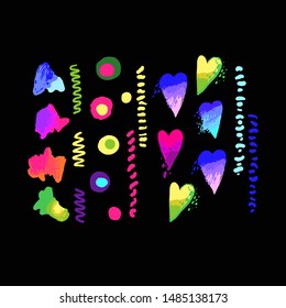 Set of memphis elements: fun bubbles, hearts, dots, stripes. Vintage 80s party background. Vector fashion 90s design. Multicolor gradient on black.