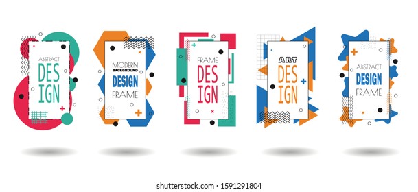 Set of memphis frame. Minimal lines and dots pattern shapes, 80s minimalist frames design and retro hipster geometric elements halftone. Business cards, invitations, gift cards, flyers, brochures.