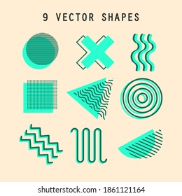 Set of memphis geometic element vector shapes with monochrome style