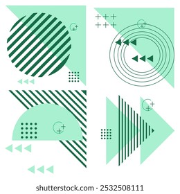 Set memphis geometric shape created from green semicircles ,circle and triangles.