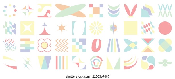 Set of memphis geometric shapes on white background. Abstract colorful Y2K pop art style icon element of star, sparkling, different shapes, grid, flowers. Design for decoration, logo, business, ads.