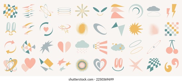 Set of memphis geometric shapes on white background. Abstract colorful Y2K pop art style icon element of star, heart, orbit, different shapes, grid, spiral. Design for decoration, logo, business, ads.