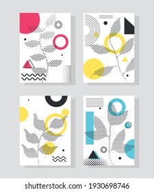 set memphis halftone juxtaposed shapes