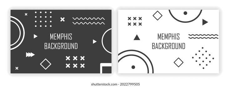 Set Of Memphis Linear Style Geometric Pattern On Black And White Background. Design Backgrounds For Invitation, Brochure, Cover, Banner, Bussines Card. Flat Cartoon Vector Illustration