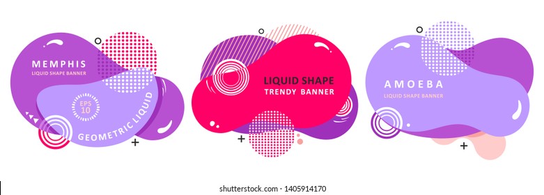 Set memphis liquid shape modern concept.Cartoon origami. Plasma concept. Mosaic amoeba design. Trendy fractal design. Multi color trendy concept.  Circle Bubble Wavy banner. Modern vector template.