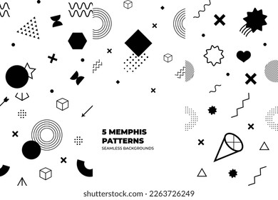 Set of Memphis Pattern. Black, white, grey colors. Memphis Style Funky Patterns. Hipster Style 80s-90s. Vector illustration. Suitable for banners, funky posters, flyers, covers.