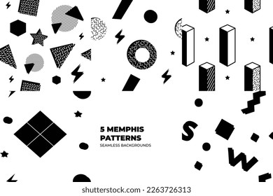 Set of Memphis Pattern. Black, white, grey colors. Memphis Style Funky Patterns. Hipster Style 80s-90s. Vector illustration. Suitable for banners, funky posters, flyers, covers.
