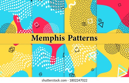 Set of Memphis Pattern. Fun Background. Red, Blue, Yellow Colors. Memphis Style Patterns. Vector Illustration. Funky Pattern. Abstract Colorful Fun Background. Hipster Style 80s-90s.