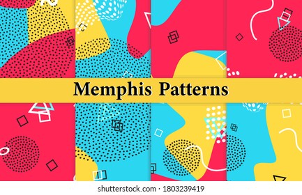 Set of Memphis Pattern. Fun Background. Red, Blue, Yellow Colors. Memphis Style Patterns. Vector Illustration. Funky Pattern. Abstract Colorful Fun Background. Hipster Style 80s-90s.