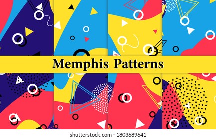 Set of Memphis Pattern. Fun Background. Red, Blue, Yellow Colors. Memphis Style Patterns. Vector Illustration. Funky Pattern. Abstract Colorful Fun Background. Hipster Style 80s-90s.