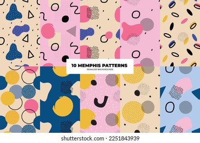 Set of Memphis Pattern. Pink , Blue, Yellow, Brown Colors. Memphis Style Funky Patterns. Hipster Style 80s-90s. Vector illustration. Suitable for banners, funky posters, flyers, covers.