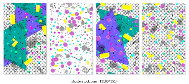Set of memphis pattern. Pop art color background. Geometric shapes for tissue and postcards. Vector Illustration. Hipster style 80s-90s. Abstract colorful funky background.