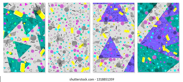 Set of memphis pattern. Pop art color background. Geometric shapes for tissue and postcards. Vector Illustration. Hipster style 80s-90s. Abstract colorful funky background.