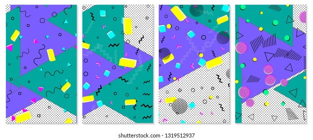 Set of memphis pattern. Pop art color background. Geometric shapes for tissue and postcards. Vector Illustration. Hipster style 80s-90s. Abstract colorful funky background.