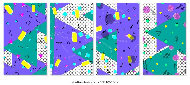 Set of memphis pattern. Pop art color background. Geometric shapes for tissue and postcards. Vector Illustration. Hipster style 80s-90s. Abstract colorful funky background.