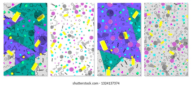 Set of memphis pattern. Pop art color background. Geometric shapes for tissue and postcards. Vector Illustration. Hipster style 80s-90s. Abstract colorful funky background.