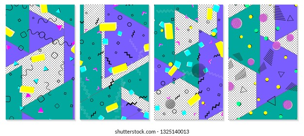 Set of memphis pattern. Pop art color background. Geometric shapes for tissue and postcards. Vector Illustration. Hipster style 80s-90s. Abstract colorful funky background.