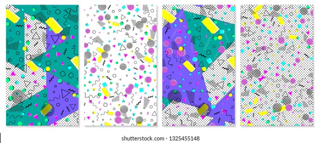 Set of memphis pattern. Pop art color background. Geometric shapes for tissue and postcards. Vector Illustration. Hipster style 80s-90s. Abstract colorful funky background.