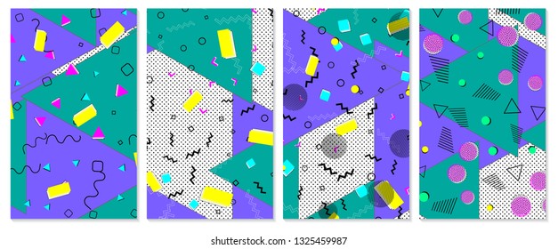 Set of memphis pattern. Pop art color background. Geometric shapes for tissue and postcards. Vector Illustration. Hipster style 80s-90s. Abstract colorful funky background.