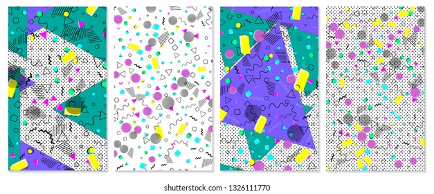 Set of memphis pattern. Pop art color background. Geometric shapes for tissue and postcards. Vector Illustration. Hipster style 80s-90s. Abstract colorful funky background.