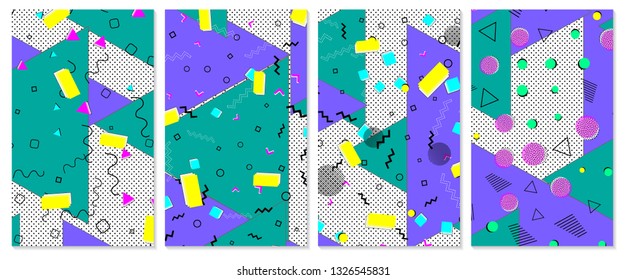 Set of memphis pattern. Pop art color background. Geometric shapes for tissue and postcards. Vector Illustration. Hipster style 80s-90s. Abstract colorful funky background.