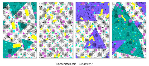 Set of memphis pattern. Pop art color background. Geometric shapes for tissue and postcards. Vector Illustration. Hipster style 80s-90s. Abstract colorful funky background.
