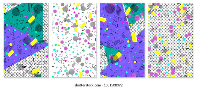 Set of memphis pattern. Pop art color background. Geometric shapes for tissue and postcards. Vector Illustration. Hipster style 80s-90s. Abstract colorful funky background.