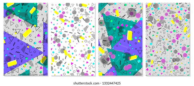 Set of memphis pattern. Pop art color background. Geometric shapes for tissue and postcards. Vector Illustration. Hipster style 80s-90s. Abstract colorful funky background.