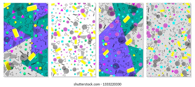 Set of memphis pattern. Pop art color background. Geometric shapes for tissue and postcards. Vector Illustration. Hipster style 80s-90s. Abstract colorful funky background.