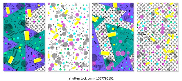 Set of memphis pattern. Pop art color background. Geometric shapes for tissue and postcards. Vector Illustration. Hipster style 80s-90s. Abstract colorful funky background.