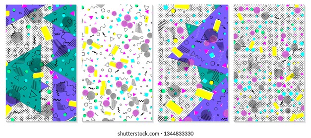 Set of memphis pattern. Pop art color background. Geometric shapes for tissue and postcards. Vector Illustration. Hipster style 80s-90s. Abstract colorful funky background.