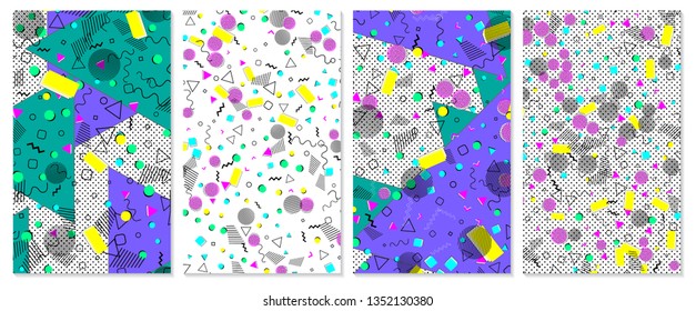 Set of memphis pattern. Pop art color background. Geometric shapes for tissue and postcards. Vector Illustration. Hipster style 80s-90s. Abstract colorful funky background.
