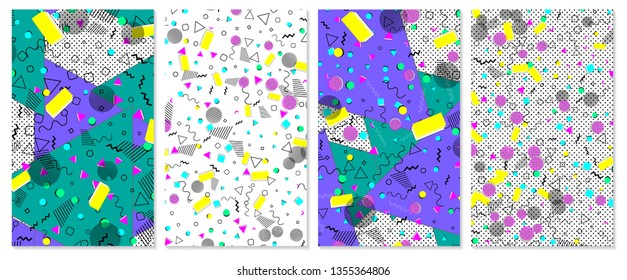 Set of memphis pattern. Pop art color background. Geometric shapes for tissue and postcards. Vector Illustration. Hipster style 80s-90s. Abstract colorful funky background.