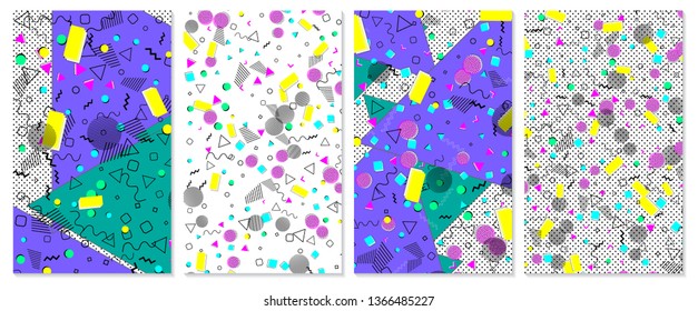 Set of memphis pattern. Pop art color background. Geometric shapes for tissue and postcards. Vector Illustration. Hipster style 80s-90s. Abstract colorful funky background.