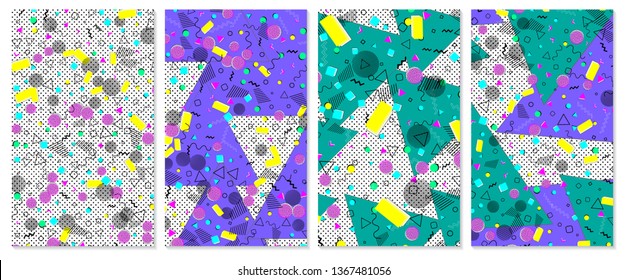 Set of memphis pattern. Pop art color background. Geometric shapes for tissue and postcards. Vector Illustration. Hipster style 80s-90s. Abstract colorful funky background.