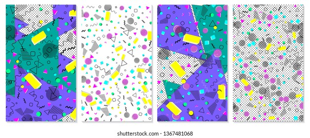 Set of memphis pattern. Pop art color background. Geometric shapes for tissue and postcards. Vector Illustration. Hipster style 80s-90s. Abstract colorful funky background.