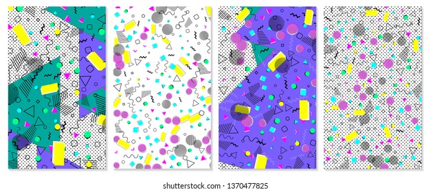 Set of memphis pattern. Pop art color background. Geometric shapes for tissue and postcards. Vector Illustration. Hipster style 80s-90s. Abstract colorful funky background.
