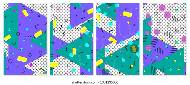 Set of memphis pattern. Pop art color background. Geometric shapes for tissue and postcards. Vector Illustration. Hipster style 80s-90s. Abstract colorful funky background.