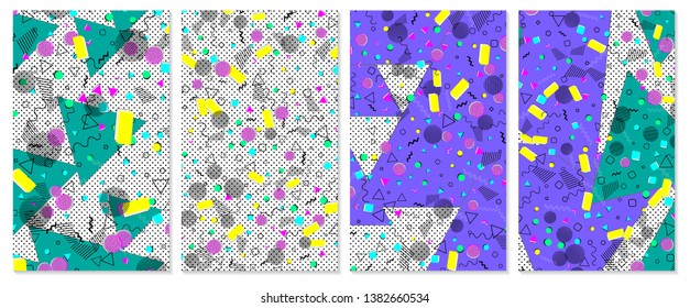 Set of memphis pattern. Pop art color background. Geometric shapes for tissue and postcards. Vector Illustration. Hipster style 80s-90s. Abstract colorful funky background.
