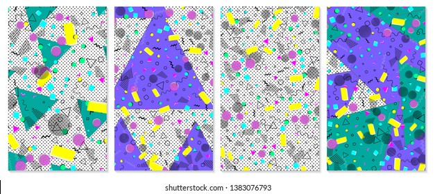 Set of memphis pattern. Pop art color background. Geometric shapes for tissue and postcards. Vector Illustration. Hipster style 80s-90s. Abstract colorful funky background.