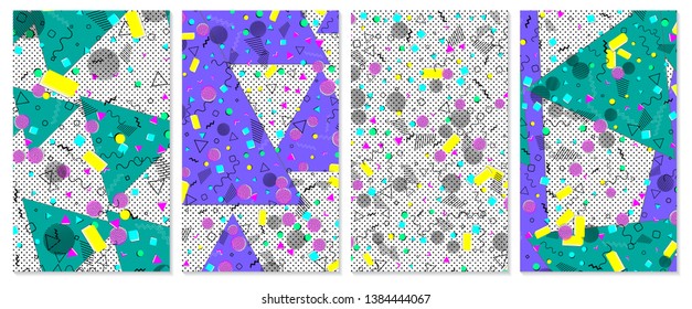 Set of memphis pattern. Pop art color background. Geometric shapes for tissue and postcards. Vector Illustration. Hipster style 80s-90s. Abstract colorful funky background.