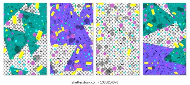 Set of memphis pattern. Pop art color background. Geometric shapes for tissue and postcards. Vector Illustration. Hipster style 80s-90s. Abstract colorful funky background.