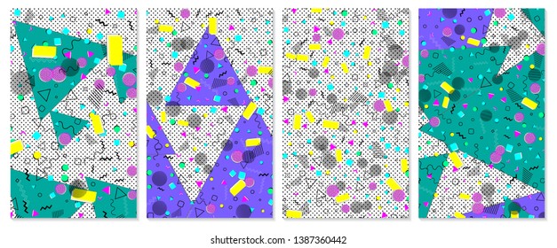 Set of memphis pattern. Pop art color background. Geometric shapes for tissue and postcards. Vector Illustration. Hipster style 80s-90s. Abstract colorful funky background.
