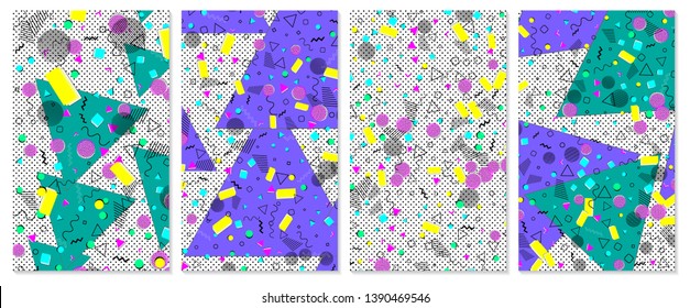Set of memphis pattern. Pop art color background. Geometric shapes for tissue and postcards. Vector Illustration. Hipster style 80s-90s. Abstract colorful funky background.